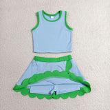 Solid Green Scalloped Sky Blue Athletic Shorts Girls Skirt Sets
