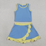 Solid Yellow Scalloped Sky Blue Athletic Shorts Girls Skirt Sets