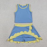 Solid Yellow Scalloped Sky Blue Athletic Shorts Girls Skirt Sets