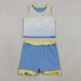 Solid Yellow Scalloped Sky Blue Athletic Shorts Girls Skirt Sets