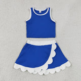 Solid White Scalloped Blue Athletic Shorts Girls Skirt Sets