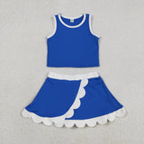 Solid White Scalloped Blue Athletic Shorts Girls Skirt Sets