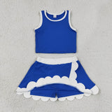 Solid White Scalloped Blue Athletic Shorts Girls Skirt Sets