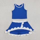 Solid White Scalloped Blue Athletic Shorts Girls Skirt Sets