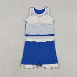Solid White Scalloped Blue Athletic Shorts Girls Skirt Sets