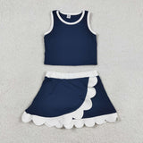 Solid White Scalloped Navy Athletic Shorts Girls Skirt Sets