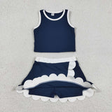 Solid White Scalloped Navy Athletic Shorts Girls Skirt Sets