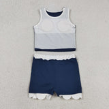 Solid White Scalloped Navy Athletic Shorts Girls Skirt Sets
