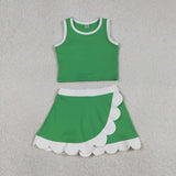 Solid White Scalloped Green Athletic Shorts Girls Skirt Sets
