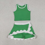 Solid White Scalloped Green Athletic Shorts Girls Skirt Sets