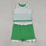 Solid White Scalloped Green Athletic Shorts Girls Skirt Sets