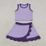 Solid Purple Scalloped Athletic Shorts Girls Skirt Sets