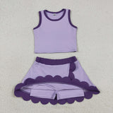Solid Purple Scalloped Athletic Shorts Girls Skirt Sets