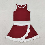 Solid White Scalloped Dark Red Athletic Shorts Girls Skirt Sets
