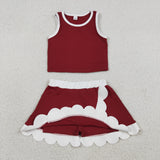 Solid White Scalloped Dark Red Athletic Shorts Girls Skirt Sets