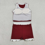 Solid White Scalloped Dark Red Athletic Shorts Girls Skirt Sets