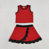 Solid Black Scalloped Red Athletic Shorts Girls Skirt Sets