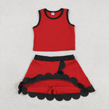 Solid Black Scalloped Red Athletic Shorts Girls Skirt Sets
