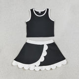 Solid White Scalloped Black Athletic Shorts Girls Skirt Sets