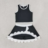 Solid White Scalloped Black Athletic Shorts Girls Skirt Sets