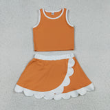 Solid White Scalloped Orange Athletic Shorts Girls Skirt Sets