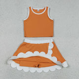 Solid White Scalloped Orange Athletic Shorts Girls Skirt Sets