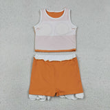 Solid White Scalloped Orange Athletic Shorts Girls Skirt Sets
