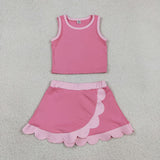Solid Pink Scalloped Athletic Shorts Girls Skirt Sets