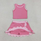 Solid Pink Scalloped Athletic Shorts Girls Skirt Sets