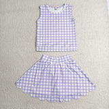 Purple Plaid Scalloped Athletic Shorts Girls Skirt Sets