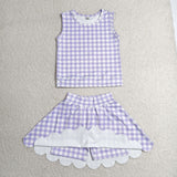 Purple Plaid Scalloped Athletic Shorts Girls Skirt Sets