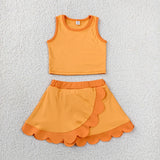 Cartoon Solid Orange Scalloped Athletic Shorts Girls Skirt Sets
