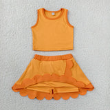 Cartoon Solid Orange Scalloped Athletic Shorts Girls Skirt Sets