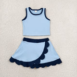 Cartoon Solid Navy Scalloped Sky Blue Athletic Shorts Girls Skirt Sets