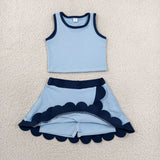 Cartoon Solid Navy Scalloped Sky Blue Athletic Shorts Girls Skirt Sets