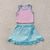 Cartoon Scale Blue Scalloped Pink Athletic Shorts Girls Skirt Sets