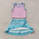 Cartoon Scale Blue Scalloped Pink Athletic Shorts Girls Skirt Sets