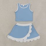 Blue White Plaid Scalloped Athletic Shorts Girls Skirt Sets