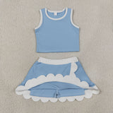 Blue White Plaid Scalloped Athletic Shorts Girls Skirt Sets