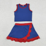 Solid Red Scalloped Blue Athletic Shorts Girls Skirt Sets