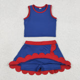 Solid Red Scalloped Blue Athletic Shorts Girls Skirt Sets