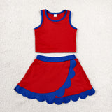 Solid Blue Scalloped Red Athletic Shorts Girls Skirt Sets