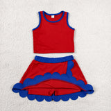 Solid Blue Scalloped Red Athletic Shorts Girls Skirt Sets