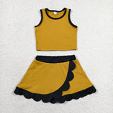 Solid Black Scalloped Dark Yellow Athletic Shorts Girls Skirt Sets