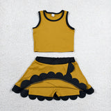 Solid Black Scalloped Dark Yellow Athletic Shorts Girls Skirt Sets