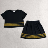 Golden Stripe Solid Black Cotton Shorts Girls Skirts Sets