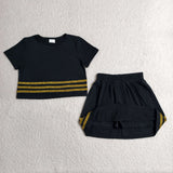 Golden Stripe Solid Black Cotton Shorts Girls Skirts Sets