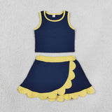 Solid Yellow Scalloped Navy Athletic Shorts Girls Skirt Sets