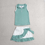 Green White Stripe Vest Athletic Shorts Girls Skirt Sets