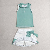 Green White Stripe Vest Athletic Shorts Girls Skirt Sets